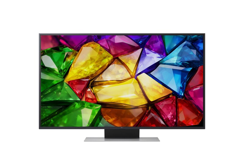 De voorkant van de LG Mini RGB evo AI MRGB85, gelanceerd in 2026, toont een kristalhelder beeld met scherp gedefinieerde veelkleurige facetten, met een 75-inch display, webOS, RGB Primary Color Pro en de alpha 8 AI Processor 4K Gen3.